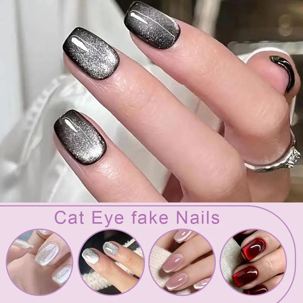 24PCS Cat Eye Short Reusable Press On Nail
