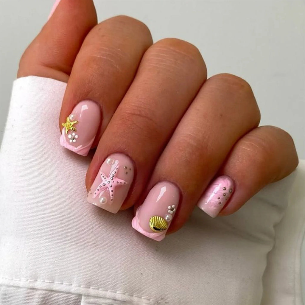 24Pcs Short French Press On Nails With Ocean element