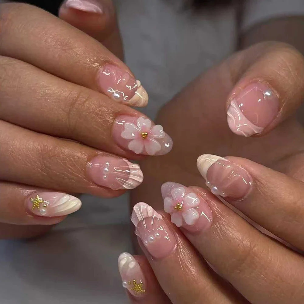 24pcs Almond False Nails Tips with Pearl Flower Design