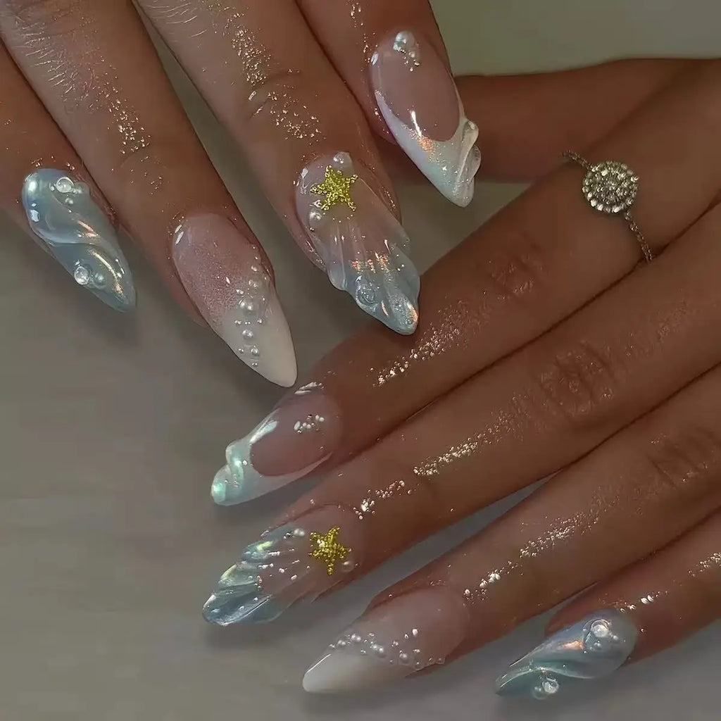 24pcs Almond False Nails Tips with Pearl Flower Design